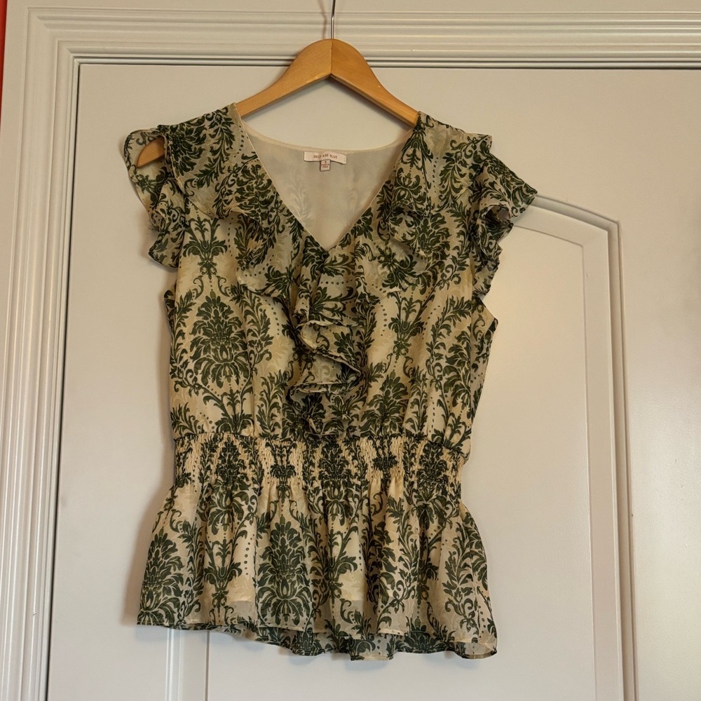 Skies Are Blue Cream Blouse with Green Damask Print. Size Small